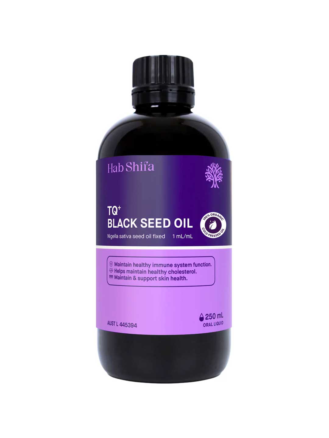 A 250 mL bottle of Hab Shifa TQ+ Organic Black Seed Oil with a purple label, highlighting product details and immune system support, is shown against a white background.