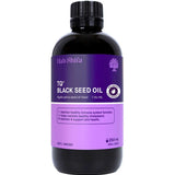 A 250 mL bottle of Hab Shifa TQ+ Organic Black Seed Oil with a purple label, highlighting product details and immune system support, is shown against a white background.