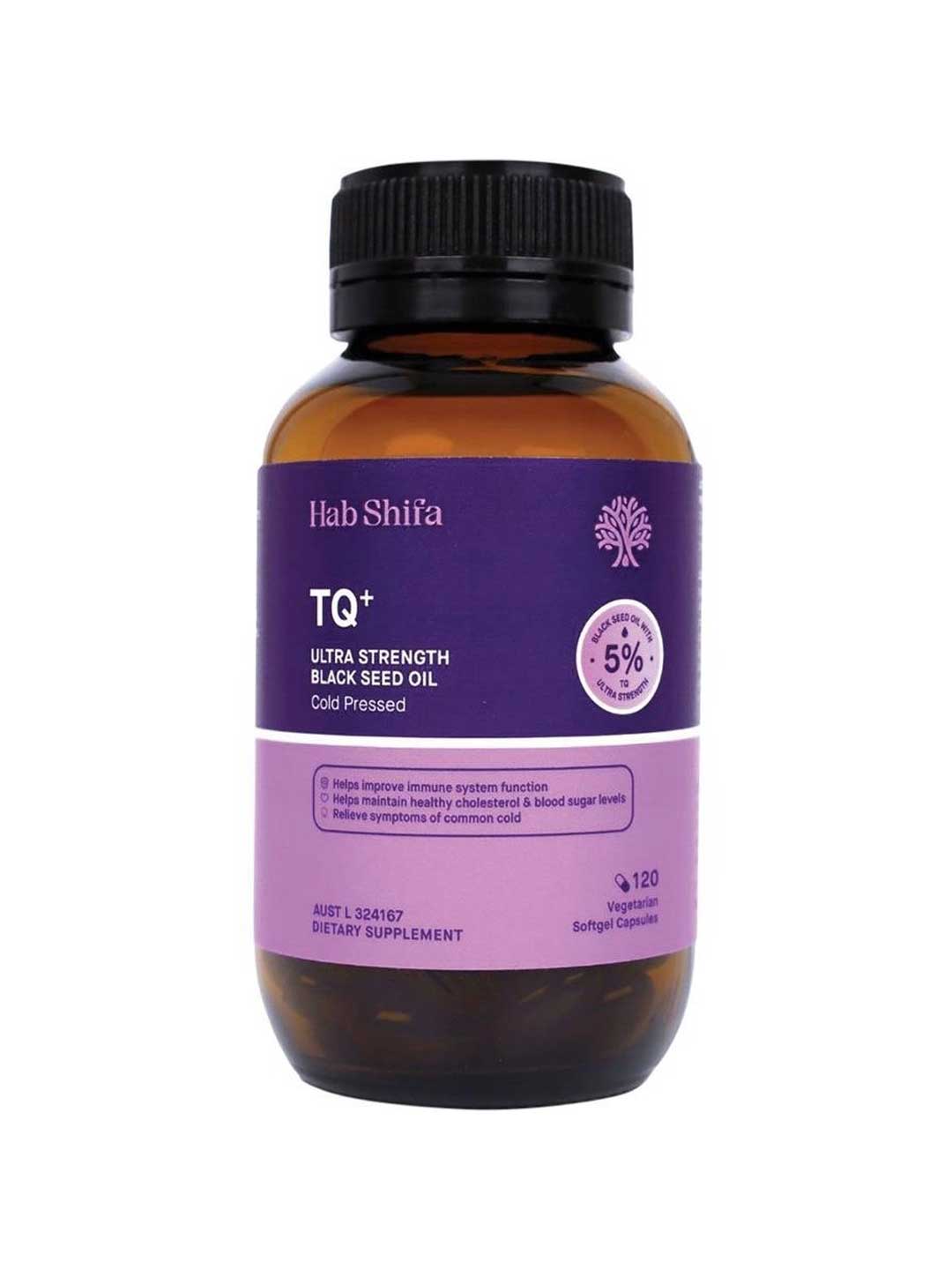 Hab Shifa TQ+ Ultra Strength Black Seed Oil 120 Caps comes in a brown bottle with a purple label, containing 120 vegetarian softgels. Rich in thymoquinone, it promotes immune support and cardiovascular health.