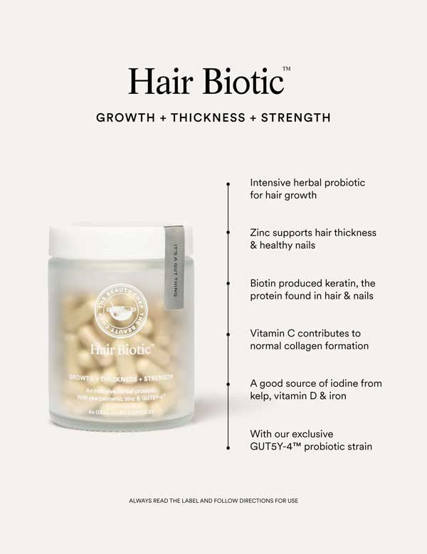 A bottle of The Beauty Chef Hair Biotic™ 60 caps sits on a light background, with text highlighting hair growth, probiotics for scalp health, zinc, keratin, vitamin C, and iodine for thicker and stronger hair.