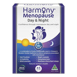 The purple box of Harmony Menopause Day & Night 45 Tablets by Harmony features a female silhouette, moon, and sun, and claims natural relief for hot flushes, night sweats, and sleeplessness.