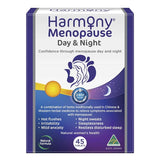 The purple box of Harmony Menopause Day & Night 45 Tablets by Harmony features a female silhouette, moon, and sun, and claims natural relief for hot flushes, night sweats, and sleeplessness.