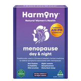 Harmony Menopause Day & Night 90 Tablets comes in a purple box featuring a woman’s profile with leaves in her hair, highlighting AM+PM formulas that support menopause relief from hot flushes, night sweats, and sleep disturbances.