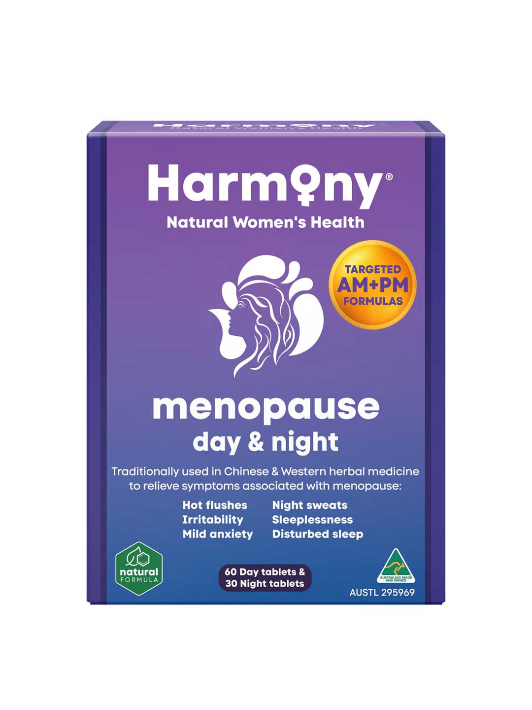 A purple box of Harmony Menopause Day & Night 90 Tablets, featuring a woman's silhouette with leaves, provides natural herbal menopause relief for hot flushes, night sweats, and sleeplessness.