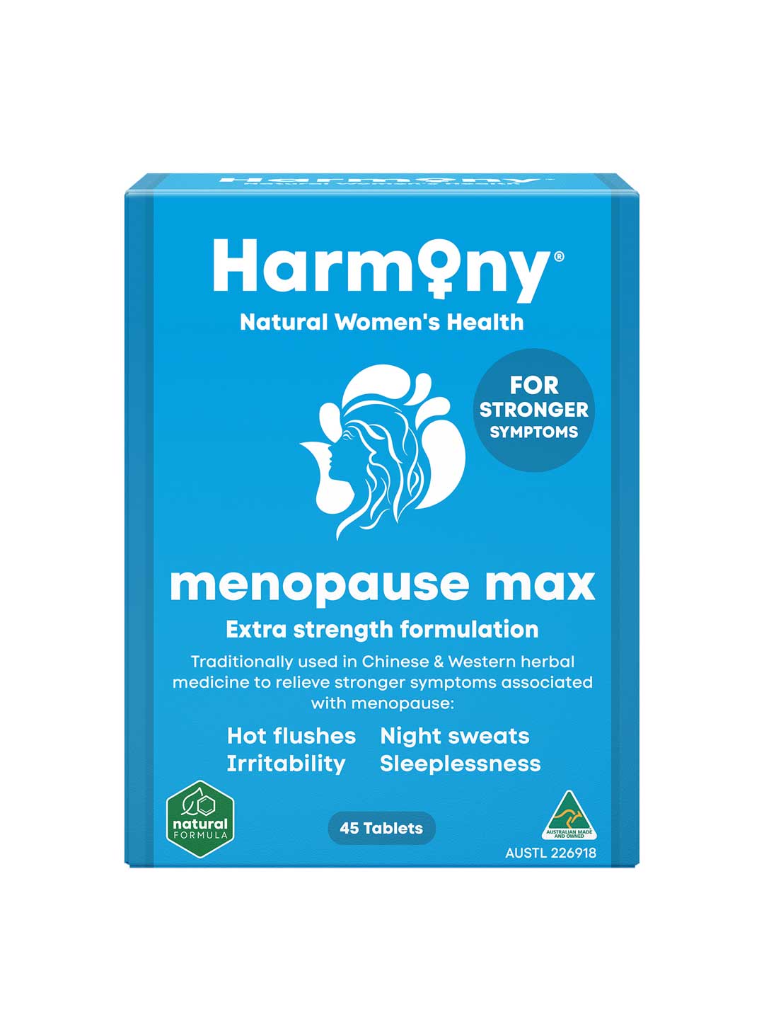 Harmony Menopause Max 45 Tablets come in a blue box with white text and provide extra strength relief from menopause symptoms such as hot flushes, night sweats, irritability, and sleeplessness.