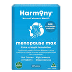 Harmony Menopause Max 45 Tablets come in a blue box with white text and provide extra strength relief from menopause symptoms such as hot flushes, night sweats, irritability, and sleeplessness.