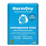 Harmony Menopause Max 45 Tablets come in a blue box with white text and provide extra strength relief from menopause symptoms such as hot flushes, night sweats, irritability, and sleeplessness.