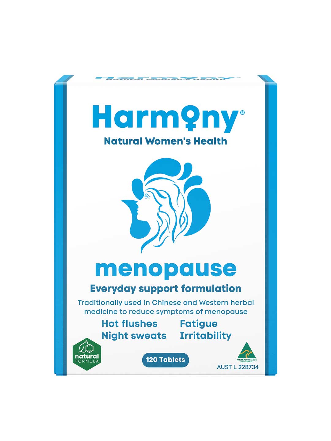 Front of a Harmony Menopause Multi Herb Formula 60 Tablets box, showing a blue silhouette of a woman. The box highlights menopause support with traditional herbs for relief from hot flushes, night sweats, fatigue, and irritability.