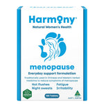 A box of Harmony Menopause Multi Herb Formula by Harmony, with a blue and white design featuring a woman's profile and text promoting relief from hot flushes, night sweats, fatigue, and irritability during menopause.