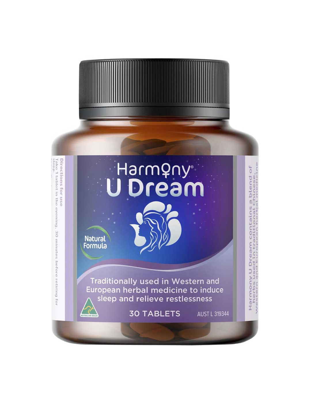 Harmony U Dream 30 Tablets is a natural sleep supplement inspired by Western and European herbal medicine, designed as a gentle sleep aid to help induce sleep and relieve insomnia.