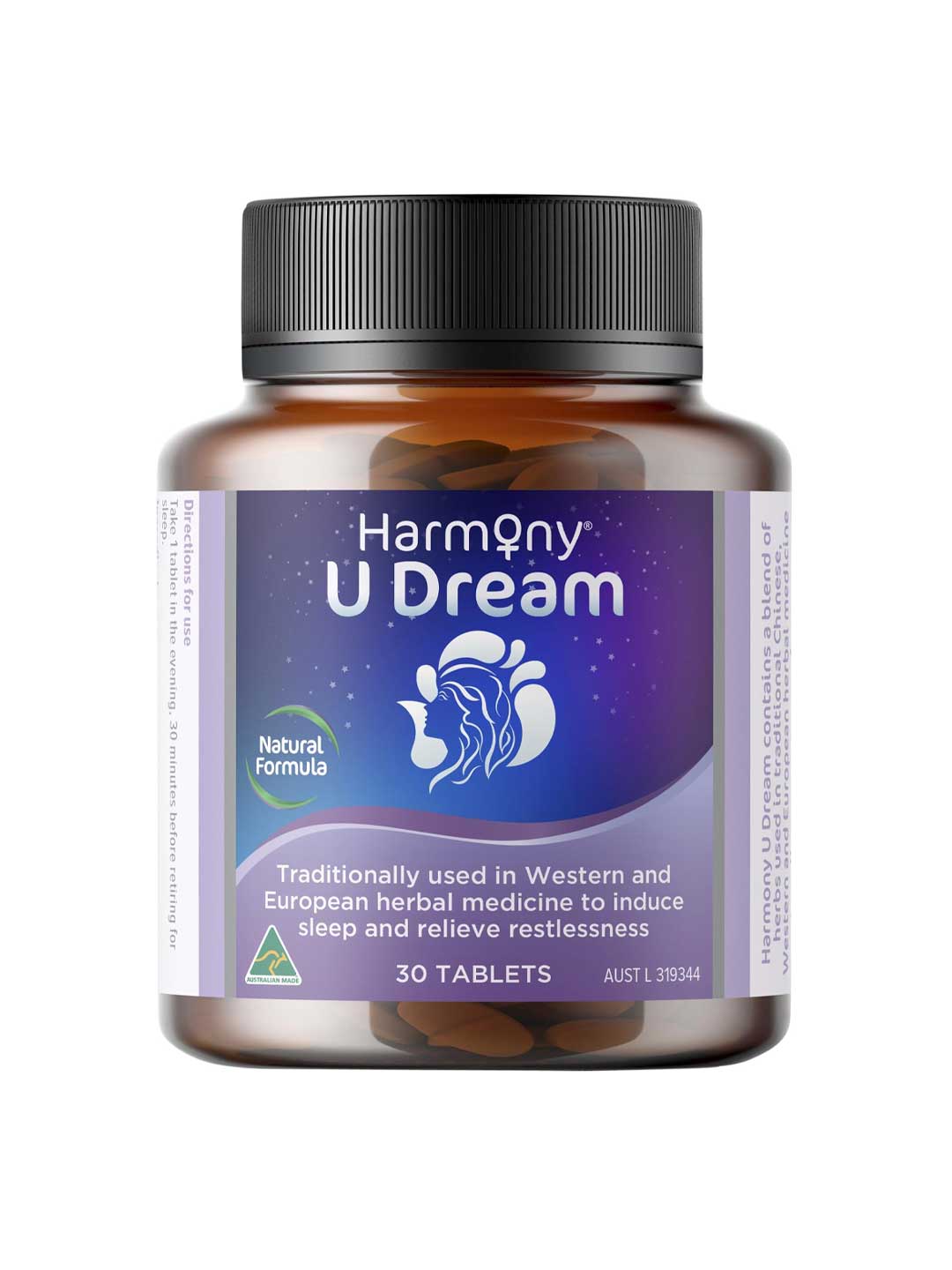 Harmony U Dream 30 Tablets is a natural sleep supplement inspired by Western and European herbal medicine, designed as a gentle sleep aid to help induce sleep and relieve insomnia.