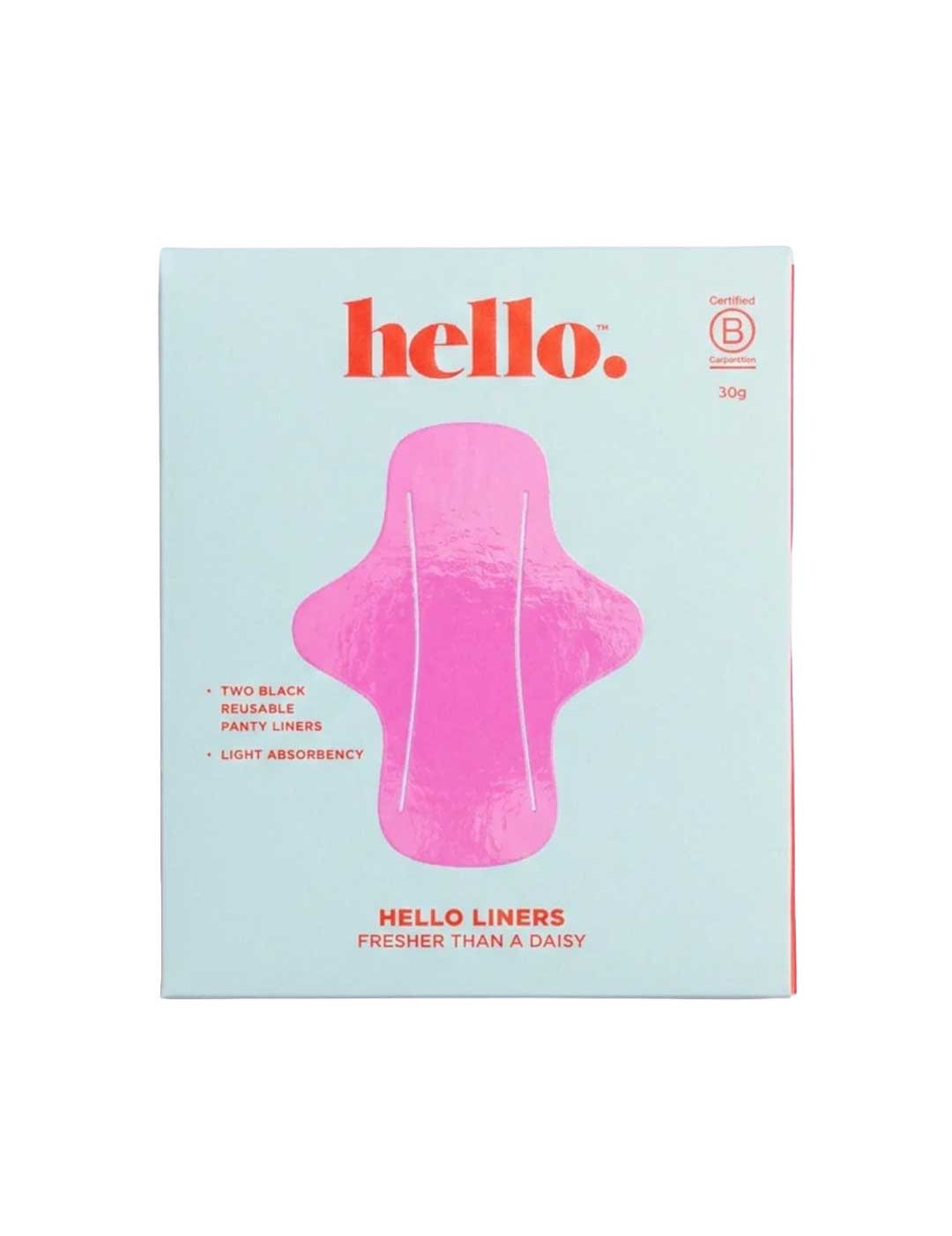 A box of Hello Period Fresher Than A Daisy Reusable Liners 2 Pack, shown with a pink ultra thin liner illustration on a light blue background, highlights reusable liners with light absorbency.