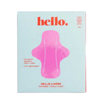 A box of Hello Period Fresher Than A Daisy Reusable Liners 2 Pack, shown with a pink ultra thin liner illustration on a light blue background, highlights reusable liners with light absorbency.