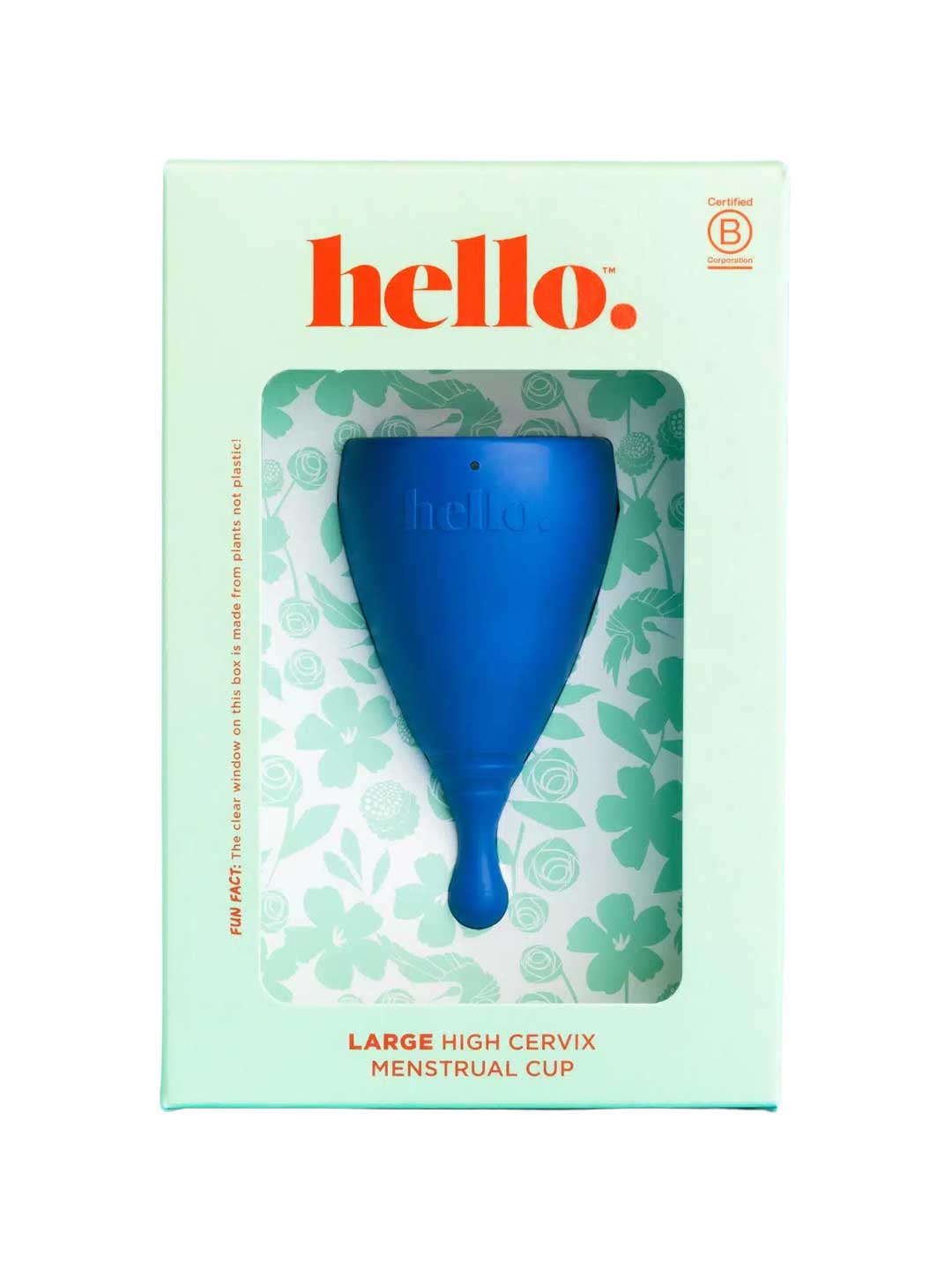 The Hello High Cervix Period Cup, in blue with a long stem, is shown in mint green floral packaging labeled "hello" and "Large High Cervix Menstrual Cup.