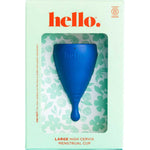 The Hello High Cervix Period Cup, in blue with a long stem, is shown in mint green floral packaging labeled "hello" and "Large High Cervix Menstrual Cup.