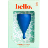 The Hello High Cervix Period Cup, in blue with a long stem, is shown in mint green floral packaging labeled "hello" and "Large High Cervix Menstrual Cup.