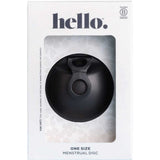 The Hello Menstrual Disc - Black is shown in a white box with a clear window displaying the black medical-grade silicone disc. The subtle floral design and text reading "ONE SIZE MENSTRUAL DISC" appear on the packaging.