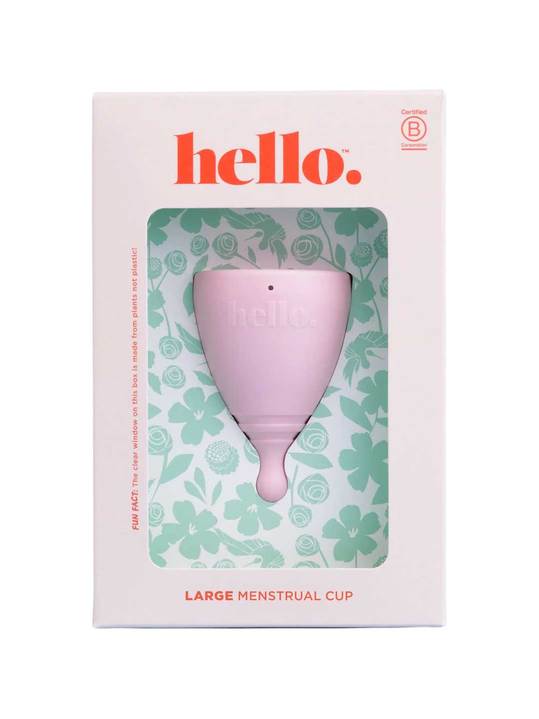The Hello Period Cup Large is a pink menstrual cup made from medical-grade TPE, in floral-patterned packaging featuring "hello." in orange text on the box.