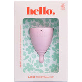The Hello Period Cup Large is a pink menstrual cup made from medical-grade TPE, in floral-patterned packaging featuring "hello." in orange text on the box.