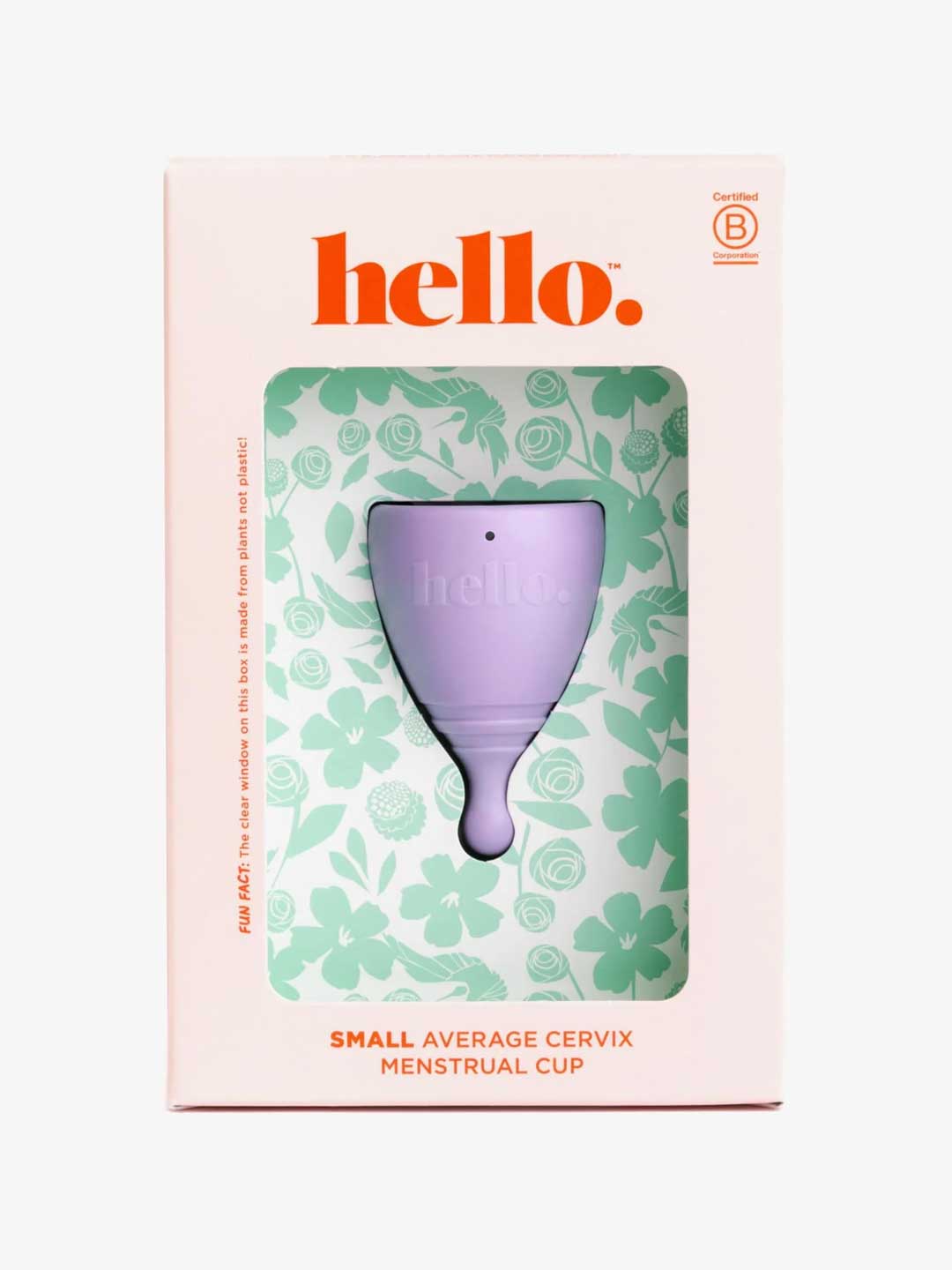 The Hello Period Cup Small, made from hypoallergenic, medical-grade TPE, is shown in floral packaging labeled "hello." The box indicates it's B Corp certified and suited for small, average cervix. Green floral patterns appear on a white background.