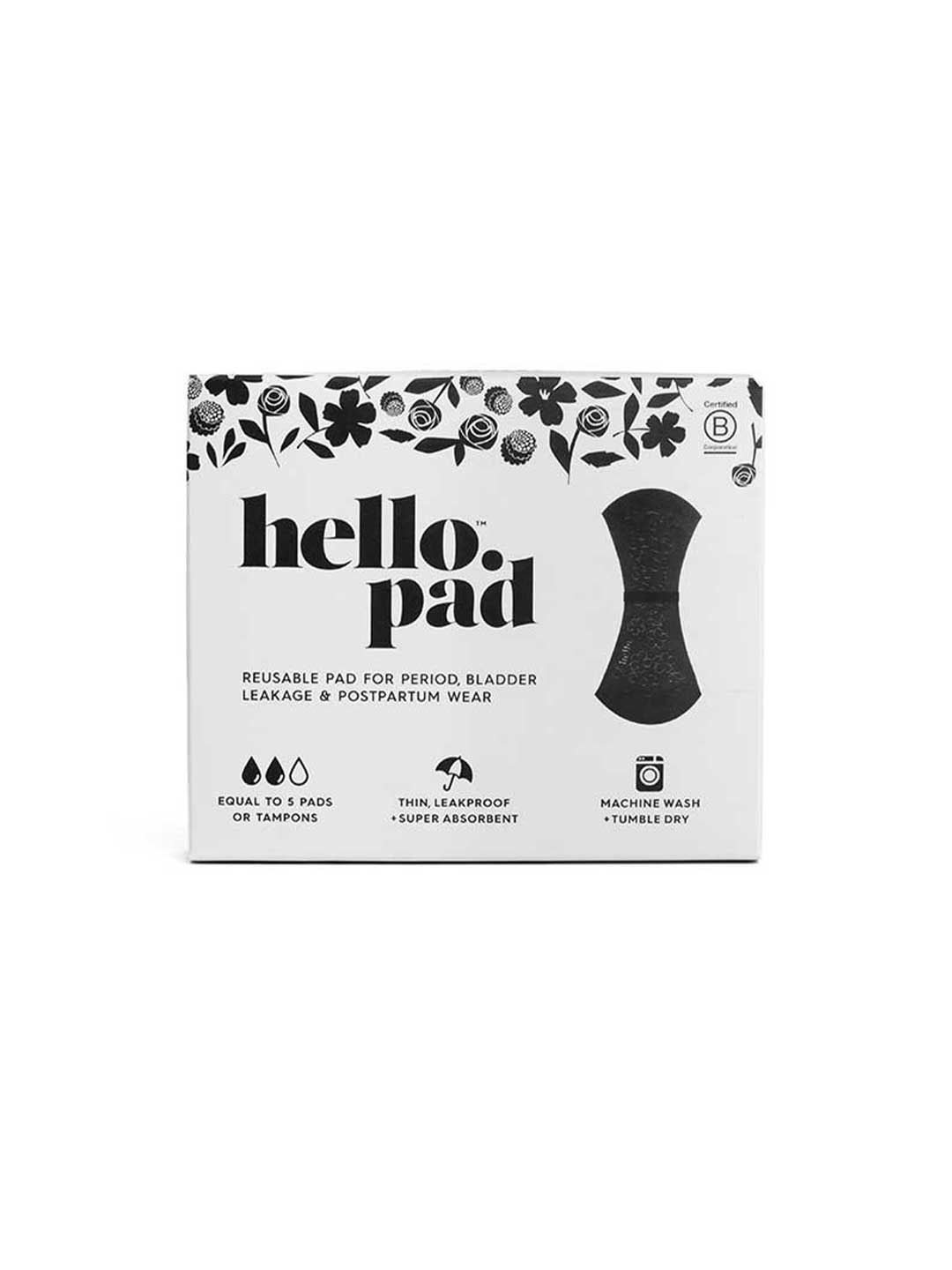 A white box labeled Hello Reusable Period Pad with black floral designs displays a pad for periods, bladder leaks, and postpartum use. Features leakproof tech, super absorbency, is machine washable, and safe for tumble drying.