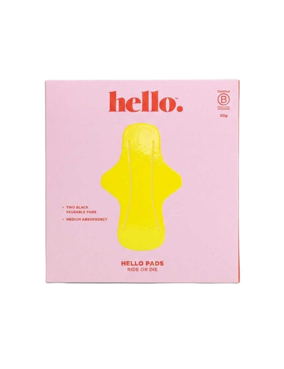 A pink Hello Period box labeled "Hello Ride or Die Reusable Pads 2 Pack" features a yellow reusable pad illustration and highlights two black PFAS-free, medium-absorbency pads for dependable, leakproof comfort.