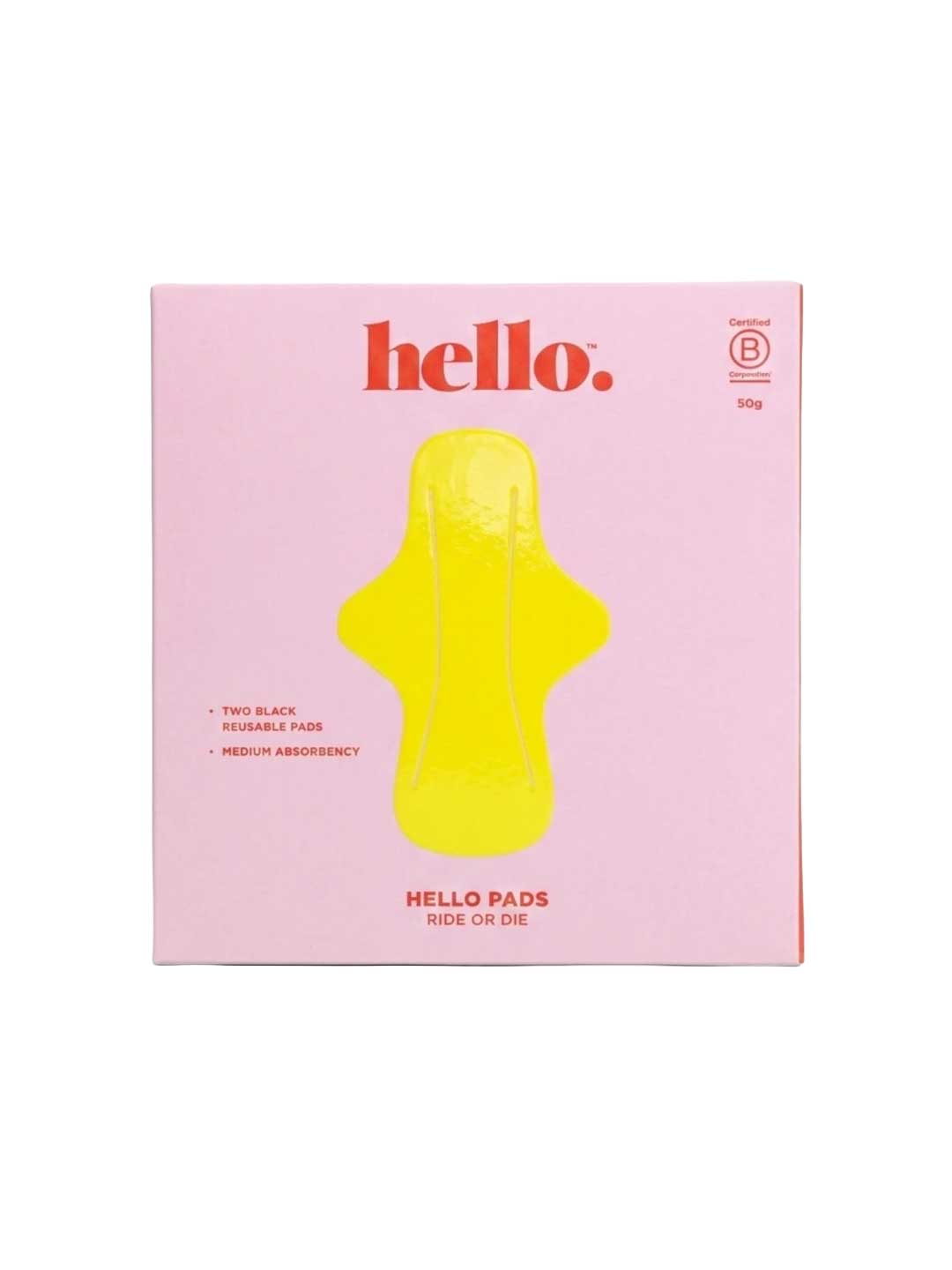 A pink Hello Period box labeled "Hello Ride or Die Reusable Pads 2 Pack" features a yellow reusable pad illustration and highlights two black PFAS-free, medium-absorbency pads for dependable, leakproof comfort.