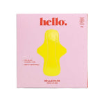 A pink Hello Period box labeled "Hello Ride or Die Reusable Pads 2 Pack" features a yellow reusable pad illustration and highlights two black PFAS-free, medium-absorbency pads for dependable, leakproof comfort.