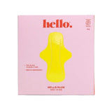 A pink Hello Period box labeled "Hello Ride or Die Reusable Pads 2 Pack" features a yellow reusable pad illustration and highlights two black PFAS-free, medium-absorbency pads for dependable, leakproof comfort.