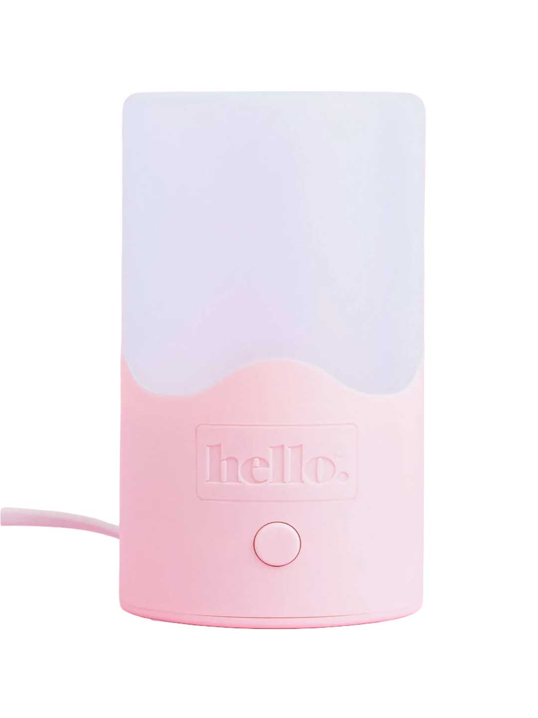 The Hello Steamy Steam Steriliser is a pink and white rectangular night light with a rounded base, single round front button, "hello." printed above it, and side power cord. It doubles as a portable steriliser for added convenience.