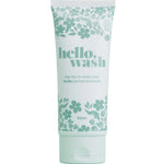 A white tube with green floral designs labeled Hello Wash 90ml, a natural menstrual product cleaner. The text says, "Use me to clean your hello: period products.