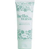 A white tube with green floral designs labeled Hello Wash 90ml, a natural menstrual product cleaner. The text says, "Use me to clean your hello: period products.