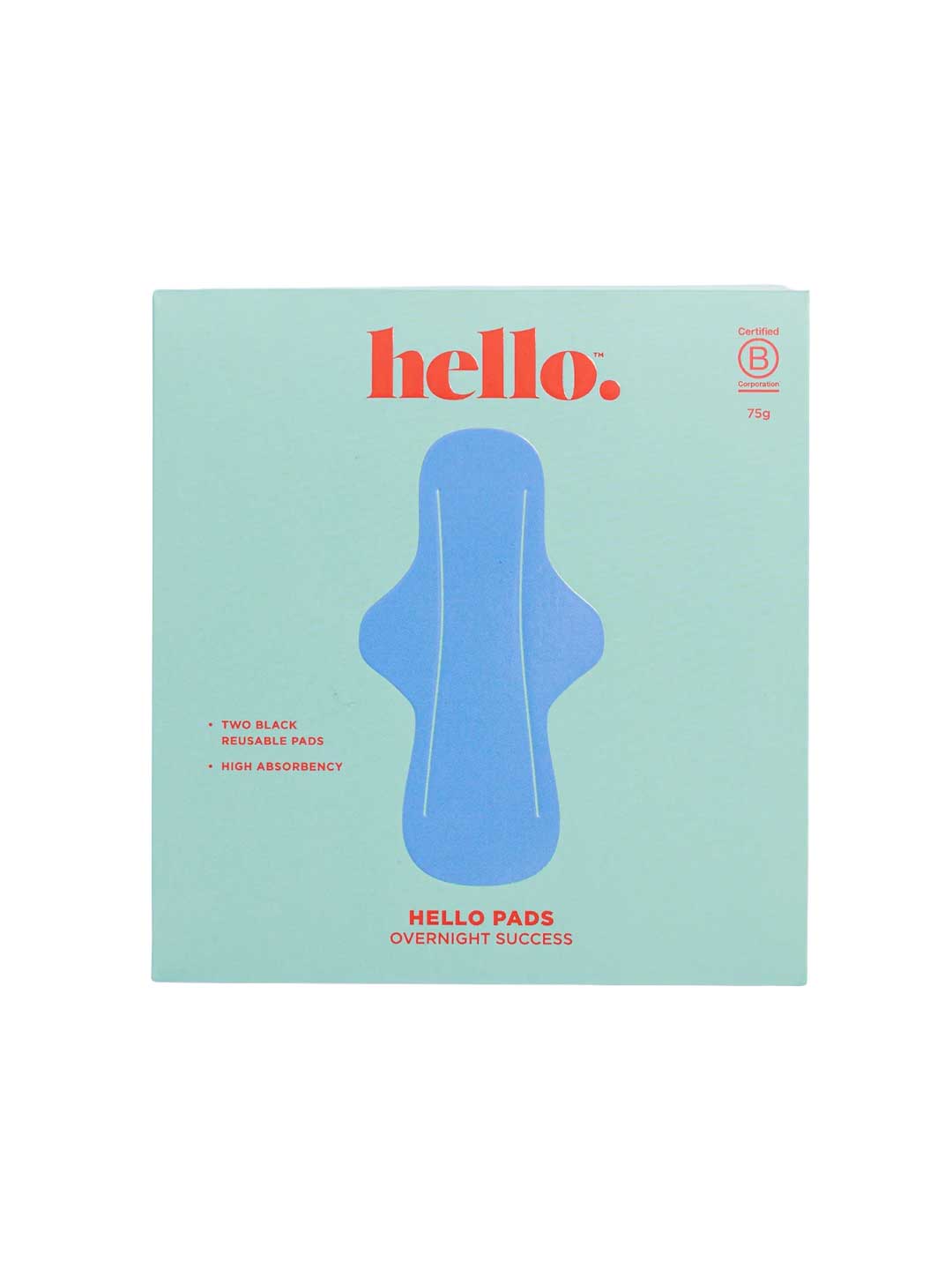 A teal box of Hello Period's Overnight Success Reusable Pads 2 Pack features a blue pad illustration and text "hello."—highlighting black, PFAS-free, reusable pads designed for heavy flow maxi pad needs.