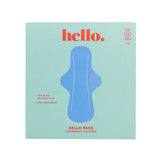 A teal box of Hello Period's Overnight Success Reusable Pads 2 Pack features a blue pad illustration and text "hello."—highlighting black, PFAS-free, reusable pads designed for heavy flow maxi pad needs.