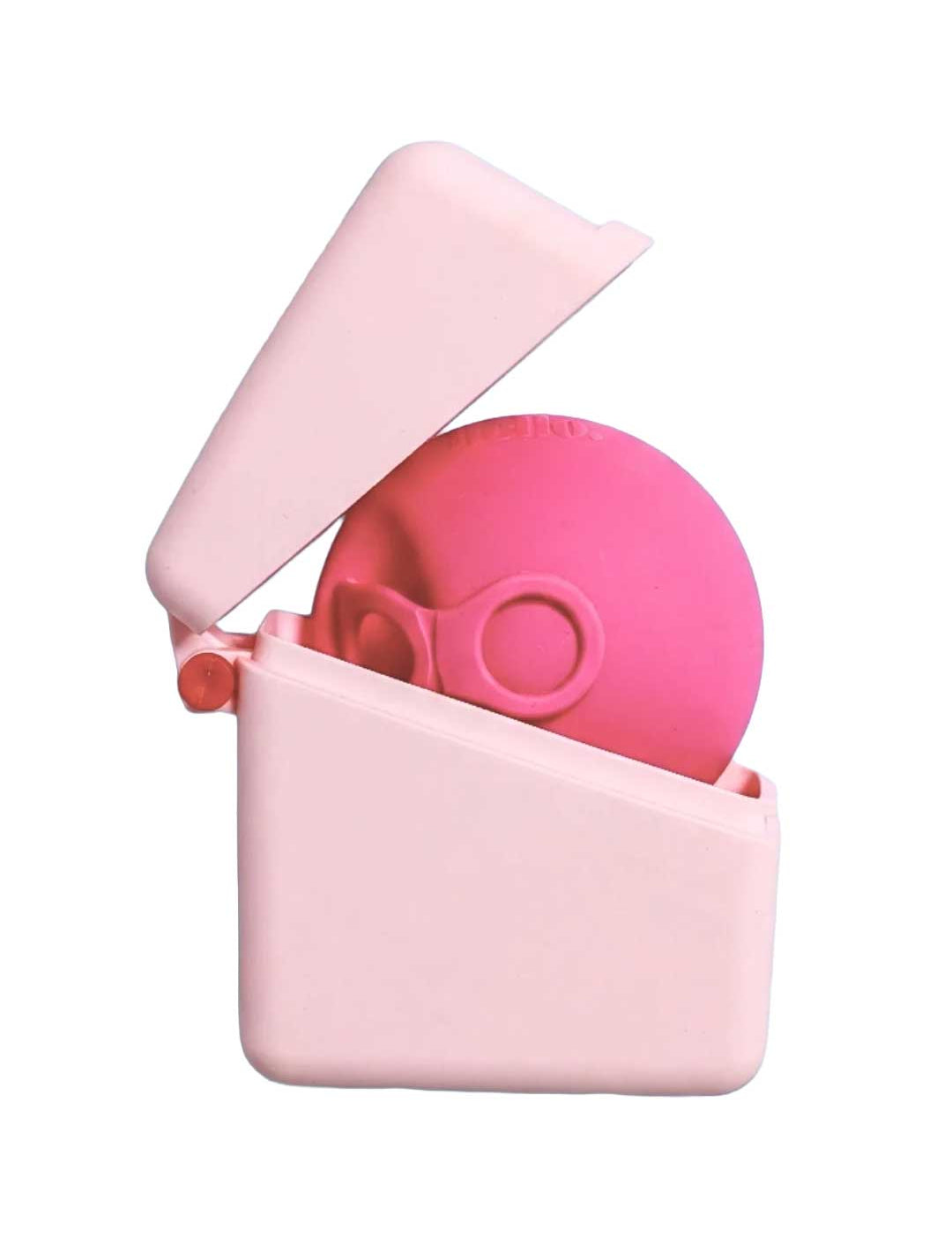 The Hello Period Hello Caddy Period Disc On-The-Go Microwave Steriliser, made from food-grade silicone, features a pink round disc inside an open light pink rectangular case with a partially tilted lid.