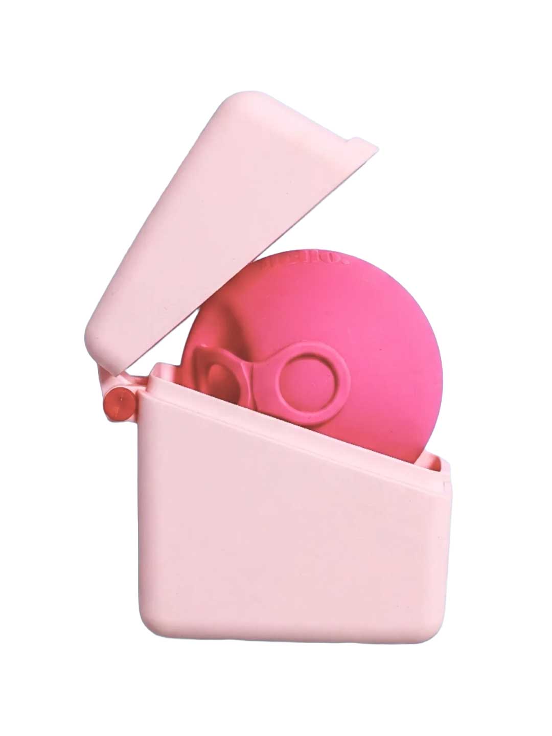 The Hello Period Hello Caddy Period Disc On-The-Go Microwave Steriliser, made from food-grade silicone, features a pink round disc inside an open light pink rectangular case with a partially tilted lid.