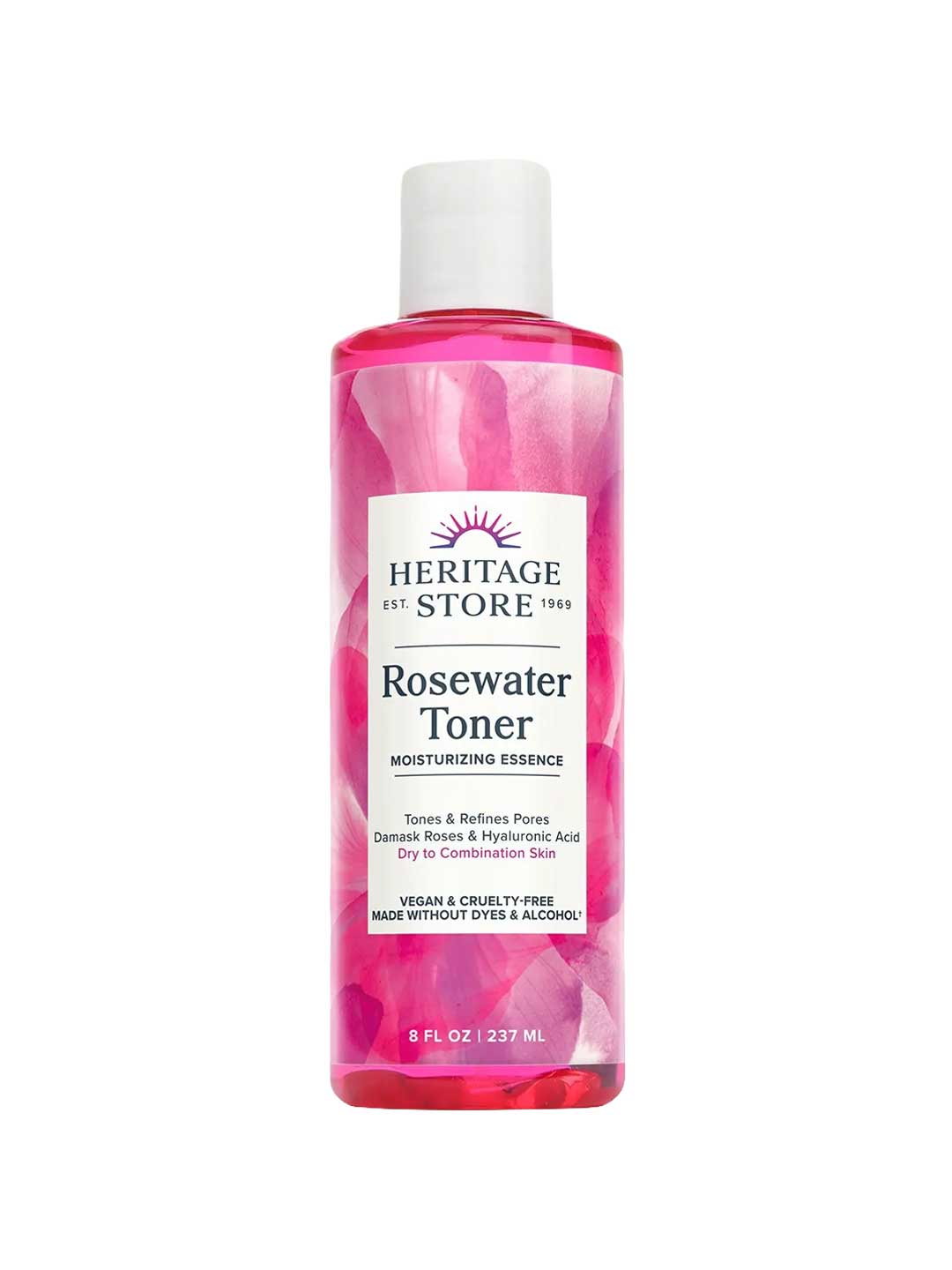 Heritage Store Rosewater Toner 237ml, in a pink floral bottle with a white label and black text, is a vegan, cruelty-free toner. It hydrates skin, is alcohol-free, and features Damask Rose for gentle care.