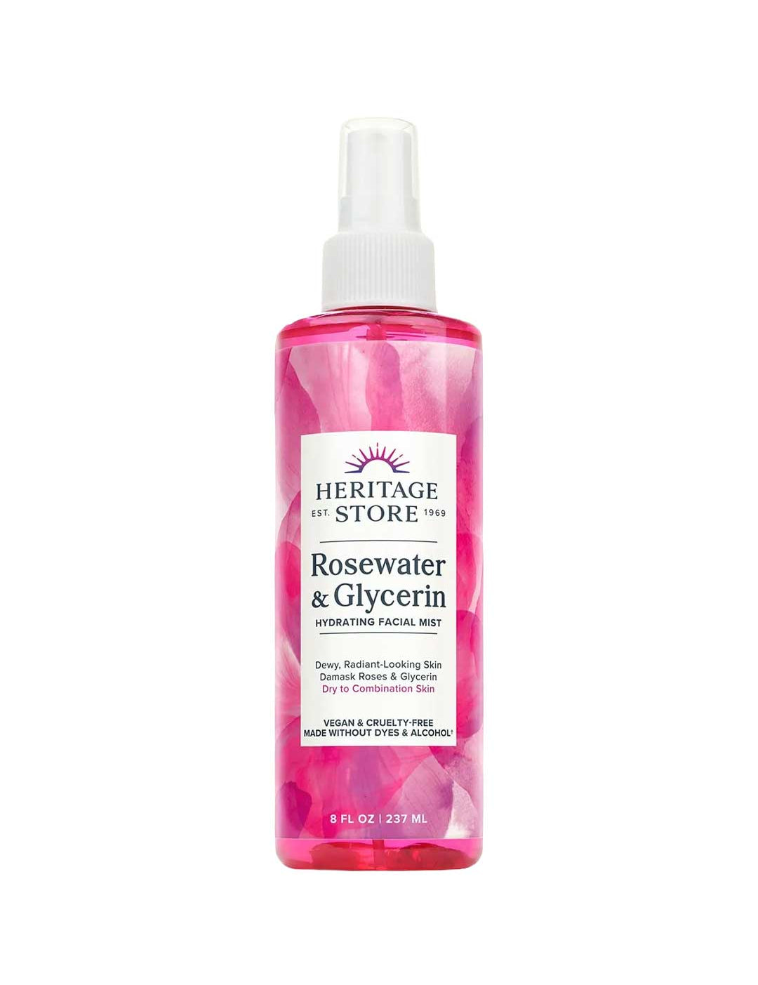 Heritage Store Rosewater & Glycerin Hydrating Facial Mist 237ml features a pink label with rose petal design, offering hydrating benefits for dry to combination skin—a must-have glycerin skincare essential.