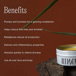 A tin of Tuttofare Holy Grail Tallow Balm 70g rests on wood against a brown backdrop with green plant leaves. Text highlights hydration, wrinkle reduction, oil control, anti-inflammatory properties, and fast absorption.