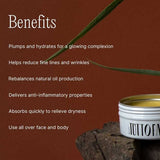 A tin of Tuttofare Holy Grail Tallow Balm 70g rests on wood against a brown backdrop with green plant leaves. Text highlights hydration, wrinkle reduction, oil control, anti-inflammatory properties, and fast absorption.