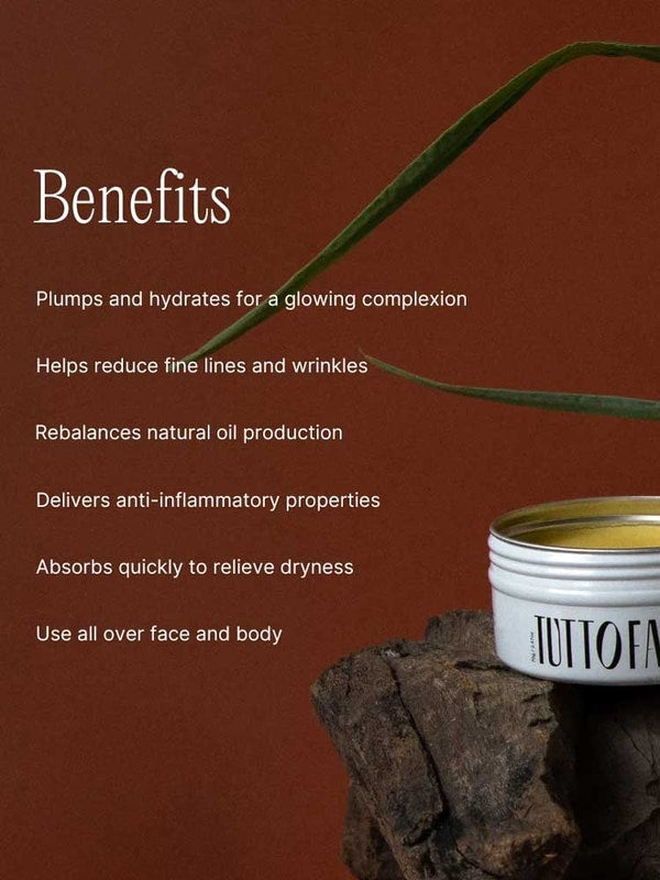 A tin of Tuttofare Holy Grail Tallow Balm 70g rests on wood against a brown backdrop with green plant leaves. Text highlights hydration, wrinkle reduction, oil control, anti-inflammatory properties, and fast absorption.