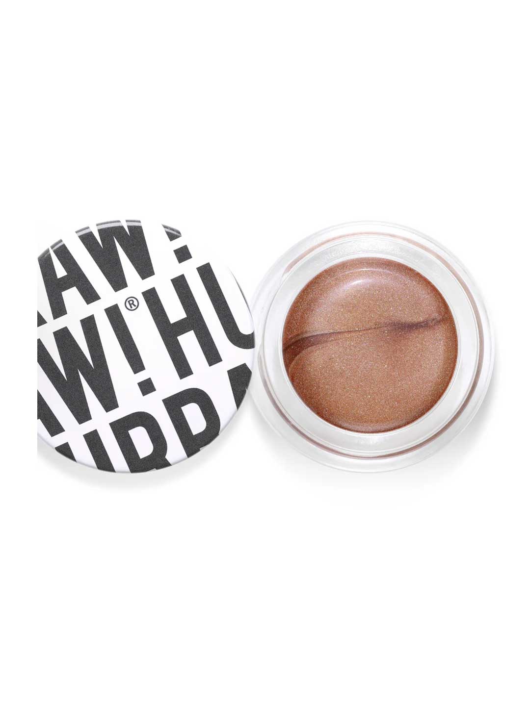 An open Hurraw! Bronze Aura Balm 5.8g reveals its swirled bronze shimmer balm. The white lid sits beside it, bold black "RAW! HURRAH!" text showing. This vegan, multi-use makeup doubles as a radiant glow highlighter.