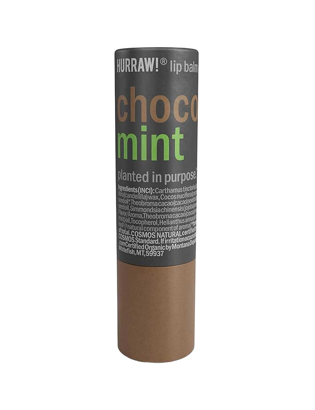 A brown and black tube of Hurraw! Choco & Mint Lip Balm 4.8g, with the product name in large letters and ingredient details printed below on the label.