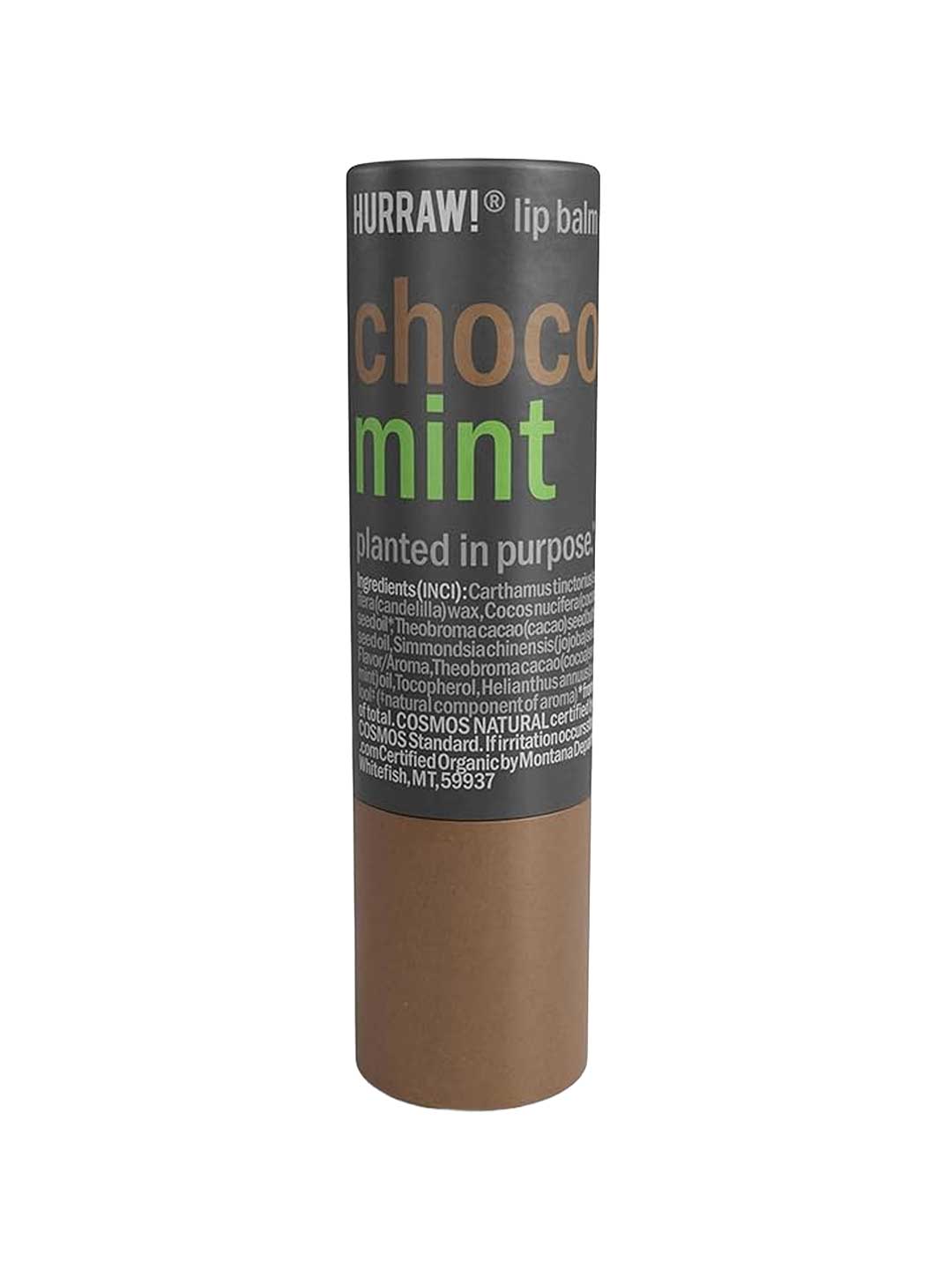 A brown and black tube of Hurraw! Choco & Mint Lip Balm 4.8g, with the product name in large letters and ingredient details printed below on the label.