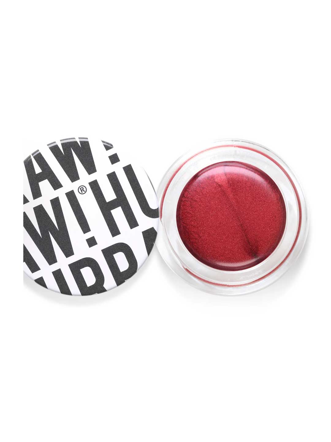 A round container of Hurraw! Crimson Aura Balm 5.8g cream blush in deep red, with a white lid featuring bold black text, partially open to reveal the vegan multi-use balm inside.