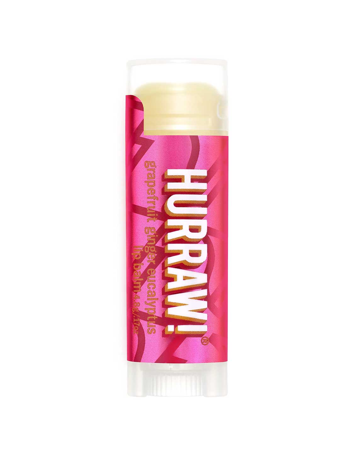 A 4.8g tube of Hurraw! Kapha Lip Balm Grapefruit Ginger & Eucalyptus, with a pink and red label, bold white and yellow text, and a clear cap showing the light yellow organic balm inside.