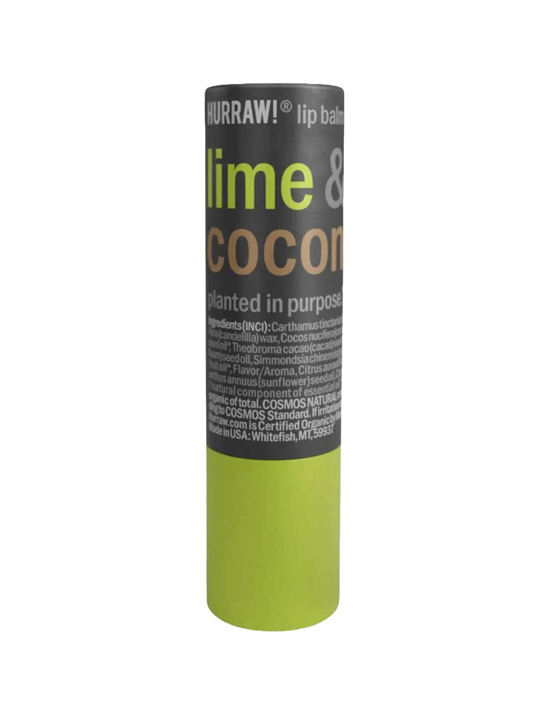 A 4.8g tube of Hurraw! Lime & Coconut Lip Balm with a green and black label accented by white and yellow text.
