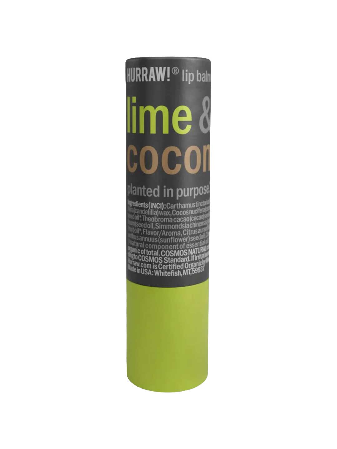 A 4.8g tube of Hurraw! Lime & Coconut Lip Balm with a green and black label accented by white and yellow text.