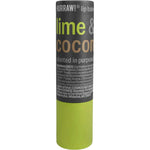 A 4.8g tube of Hurraw! Lime & Coconut Lip Balm with a green and black label accented by white and yellow text.