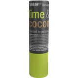 A 4.8g tube of Hurraw! Lime & Coconut Lip Balm with a green and black label accented by white and yellow text.